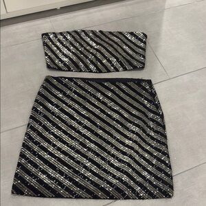 Retrofete Elegant Black and Silver Striped Skirt